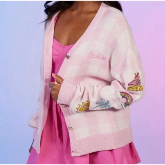 Barbie The Movie Pink Cardigan Sweater Size Small Gingham Heart Buttons - Picture 1 of 11